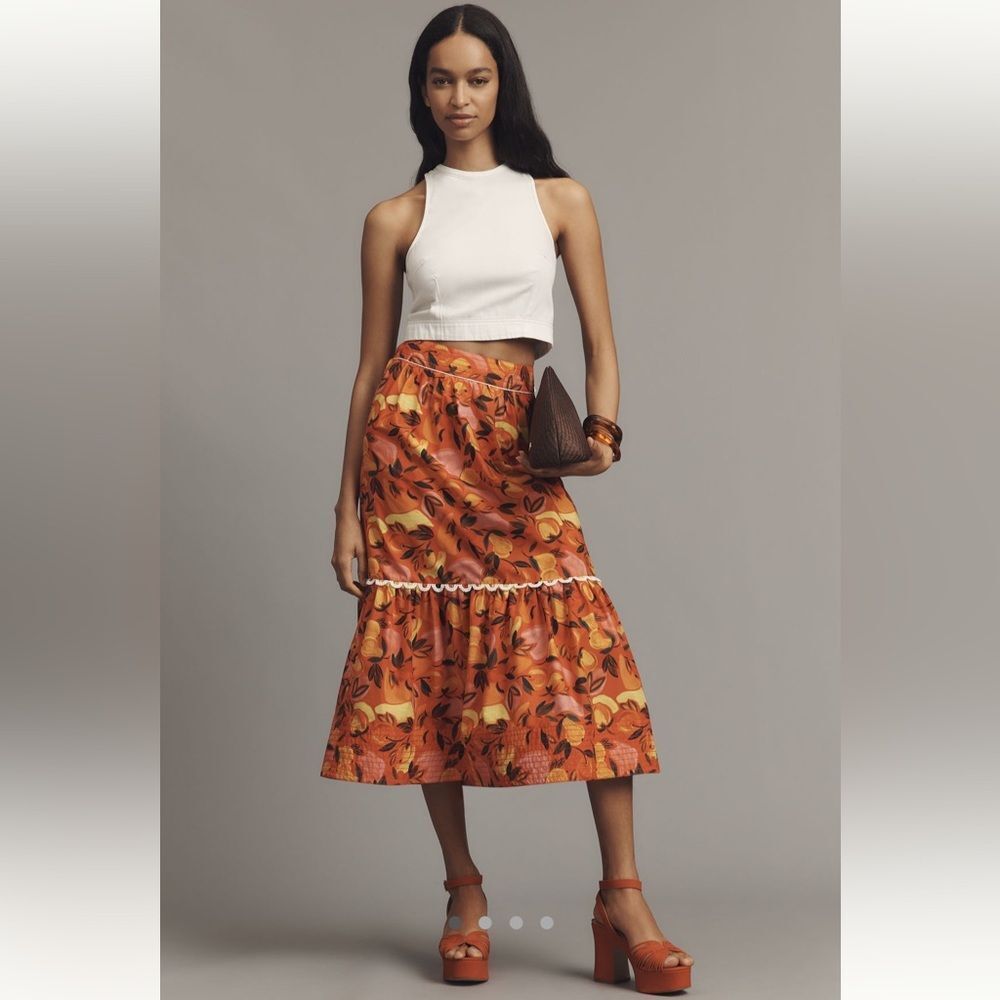 FARM Rio Orange Floral Tiered Midi Skirt xxs